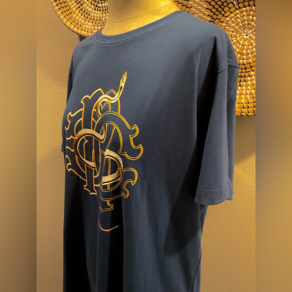 NWT Roberto Cavalli Women Blue Cotton Tee with Gold Accents. Size XXL.